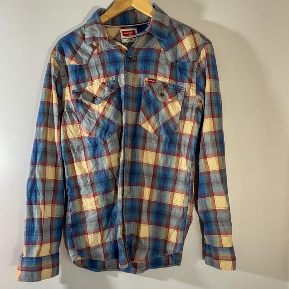 Wrangler Western Plaid Flannel Shirt | Blue, Red, Yellow Stretch Cotton Blend - Picture 1 of 6